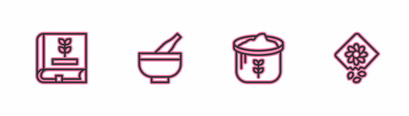 Set line Book about seeds, Bag of flour, Mortar and pestle and Pack full plant icon. Vector