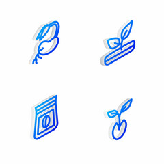 Set Isometric line Sprout, , Bag of coffee beans and icon. Vector