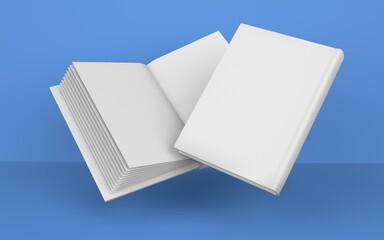 mockup of a flying book on a stack of books. Hardcover template. 3d rendering. Open book mock up.