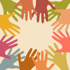 A frame of multicolored hands stretched out towards each other, the concept of diversity, volunteering.