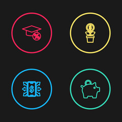 Set line Smartphone with dollar, Piggy bank, Dollar plant and Graduation cap and coin icon. Vector
