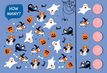 Educational game for toddlers. I spy game. Find and count dogs, pumpkins and ghosts. Halloween theme. Counting activity for kids. 