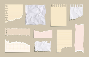 Colorful ripped paper. Many pieces of notebooks. Hidden information, personal secrets. Set of useless paper. Graphic elements for website. Flat vector illustration isolated on beige background