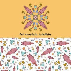 Fototapeta na wymiar A mandala of meditating cats. An ornament in a circle of funny cats and Seamless pattern of cats.