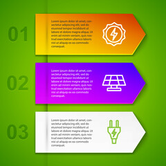 Set line Lightning bolt, Solar energy panel and Electric plug. Business infographic template. Vector