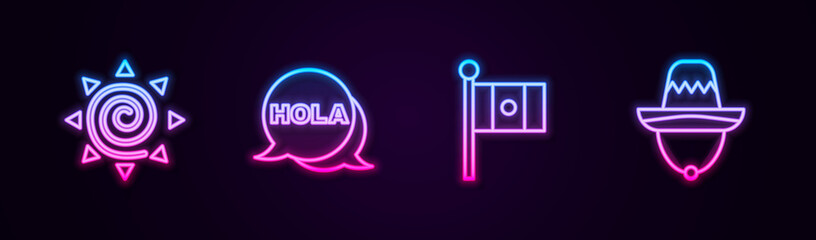 Set line Sun, Hola, Mexico flag and Mexican sombrero. Glowing neon icon. Vector © vector_v