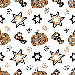 Vector halloween pattern with pumpkins, skull, Boo, bat for fabrics, paper, textile, gift wrap isolated on white background 