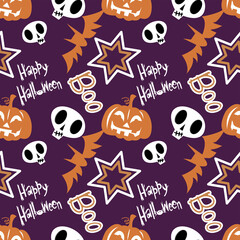 Vector halloween background with pumpkins, skull, Boo, bat for fabrics, paper, textile, gift wrap isolated on black background in cartoon style. Seamless pattern