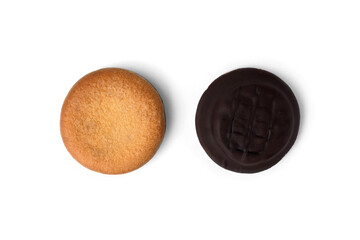 Obraz na płótnie Canvas Biscuit cookie in chocolate glazing with orange jam isolated on white background.