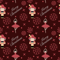 Vector christmas seamless pattern with Nutcracker and ballerina, snowflakes  for fabrics, paper, textile, gift wrap isolated on red background. Merry Christmas