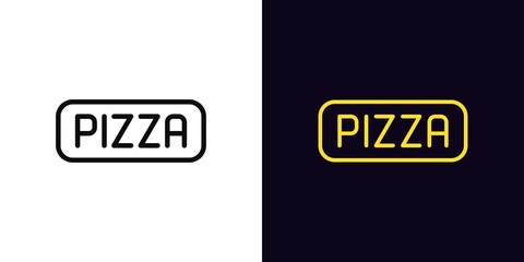 Outline pizza icon with editable stroke. Linear pizza sign, signboard with text