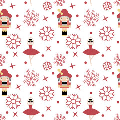 Vector christmas seamless pattern with Nutcracker and ballerina, snowflakes from a winter fairy tale herbs in vintage style for fabrics, paper, textile, gift wrap isolated on white background