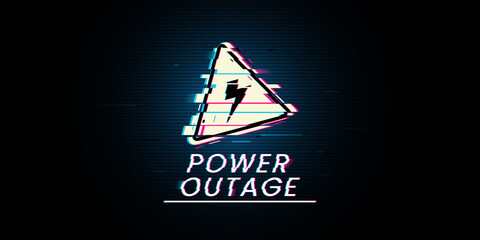 Banner of a power cut has a warning sign of electricity with a glitch effect the one is on the black background.