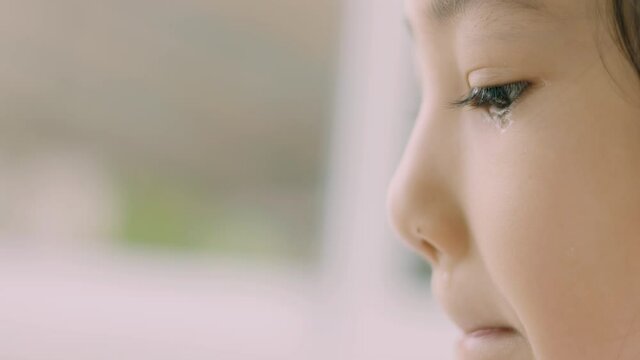 Face close up and side view with copy space of adorable asian kid girl is crying and expressing people emotion of sadness, unhappiness, depression and grief through her eyes and beautiful skin tone.
