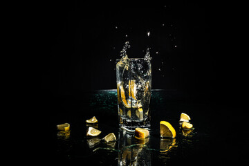 A slice of lemon falls into a glass, black background. Flying water drops