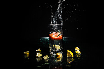 Fresh tomato falls into a glass with lemons, black background. Flying water drops