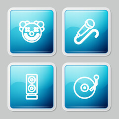 Set line Clown head, Microphone, Stereo speaker and Vinyl player with disk icon. Vector
