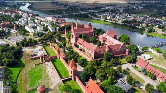 Aerial view on Malbork on the Nogat river, the largest medieval brick castle.