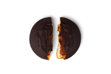 Biscuit cookie in chocolate glazing with orange jam isolated on white background.