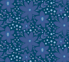 Beautiful winter season, Christmas floral seamless pattern with blue flowers, branches, leaves, dots in simple hand drawn flat style on dark navy background