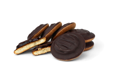 Pile of chocolate biscuit cookies with orange jam isolated on white background.