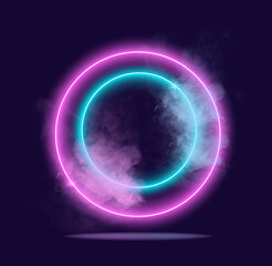 Glowing neon lighting. Several rings covered with translucent cloud of smoke. Modern light, nightclub. Cyberpunk image, futuristic picture. Realistic vector illustration isolated on dark background