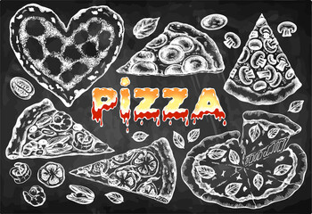 Sketch hand drawn set of chalk drawing pizza set isolated on blackboard. Doodle italian food. Tomato, mozzarella cheese, basil, shrimp, pepperoni, seafood. Bakery background. Vector illustration.