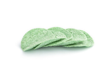 Fototapeta na wymiar Green potato chips isolated on white background. Side view, close up.