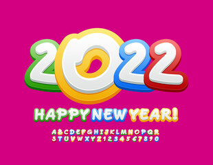 Fototapeta na wymiar Vector creative Greeting Card Happy New Year 2022! Handwritten set of Alphabet Letters and Numbers. Colorful artistic Font