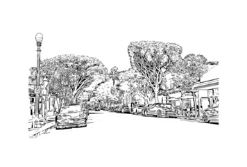 Fototapeta premium Building view with landmark of Laguna Beach is the city in California. Hand drawn sketch illustration in vector.