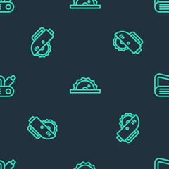 Set line Electric circular saw, and planer tool on seamless pattern. Vector