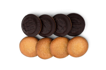 Pile of chocolate biscuit cookies with orange jam isolated on white background.