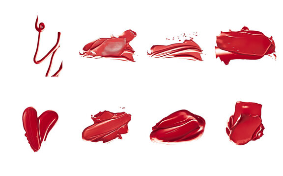 Red Lipstick Samples As Beauty Cosmetic Texture Isolated On White Background, Makeup Smear Or Smudge As Cosmetics Product Or Paint Strokes.