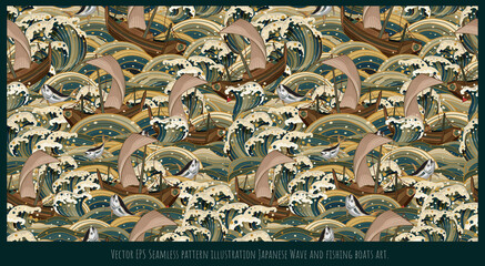 Seamless pattern illustration japanese old style wave art.