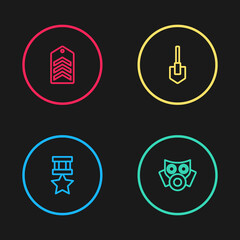 Set line Military reward medal, Gas mask, Shovel and Chevron icon. Vector
