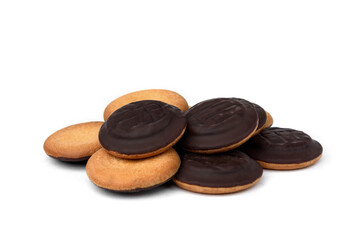Pile of chocolate biscuit cookies with orange jam isolated on white background.