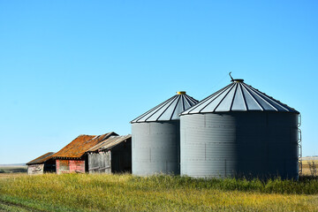 An image of metal grain silos in a agricultural field during harvest season. 