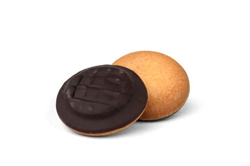 Biscuit cookie in chocolate glazing with orange jam isolated on white background.
