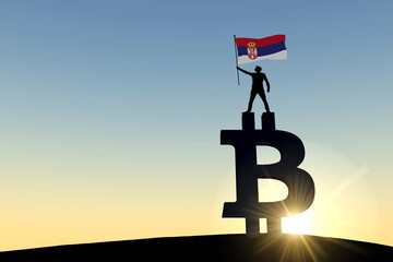 Person waving a serbia flag standing on top of a bitcoin cryptocurrency symbol. 3D Rendering