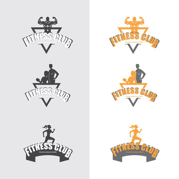 set of fitness badges. Fitness Gym logo design template. Labels in vintage style with sport silhouette symbols.