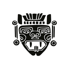 Aztec, Maya Or Inca Traditional Masks. Hand Drawn Vector Illustration. Black Silhouette Isolated On White.