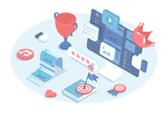 Content management system. High quality content creating. Video, image, text content for social media. Website marketing. Vector illustration in 3d design. Isometric web banner.