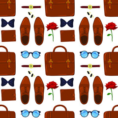 Vector pattern of male objects. Men's accessories isolated on a white background: watch, cufflinks, purse, glasses, briefcase.