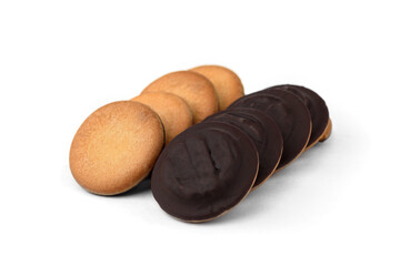 Pile of chocolate biscuit cookies with orange jam isolated on white background.