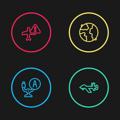 Set line Aircraft steering helm, UAV Drone, Worldwide and Warning aircraft icon. Vector