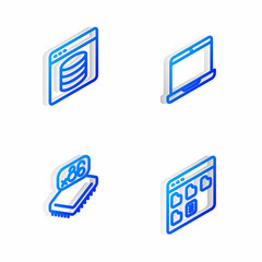 Set Isometric line Laptop, Server, Data, Web Hosting, Processor with microcircuits CPU and Browser files icon. Vector