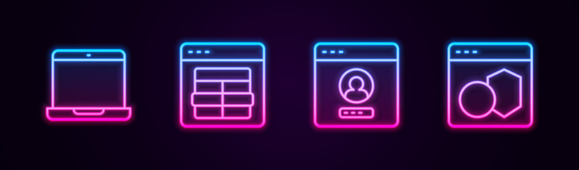 Set line Laptop, MySQL code, Create account screen and Software. Glowing neon icon. Vector
