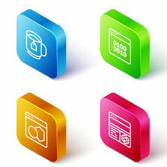 Set Isometric line Cup of tea with tea bag, Binary code, Software and Debugging icon. Vector