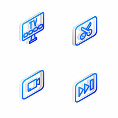 Set Isometric line Music or video editing, Smart Tv, Play button and Fast forward icon. Vector