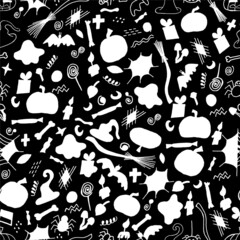 Halloween with pumpkin and anticipation. Seamless background with elements for the holiday halloween. Doodle illustration, fabric design, wrapping or background. Black and white.